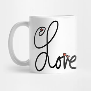 Black Cursive Written Word Love with Red Hearts Mug